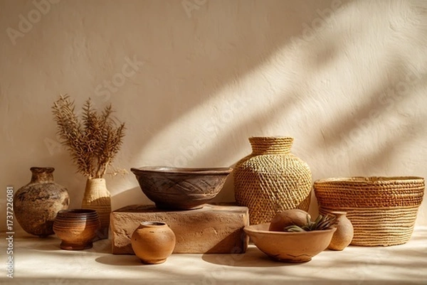 Fototapeta Still life of rustic pottery and dried plants in warm light creates a cozy and inviting atmosphere.