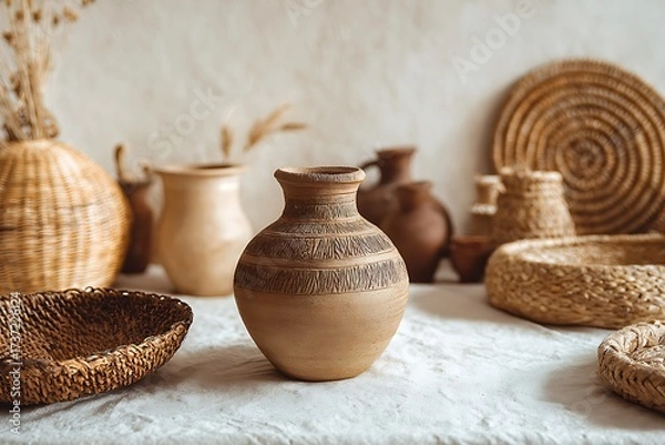 Fototapeta Rustic pottery and woven crafts create a warm and inviting atmosphere in a cozy home setting.