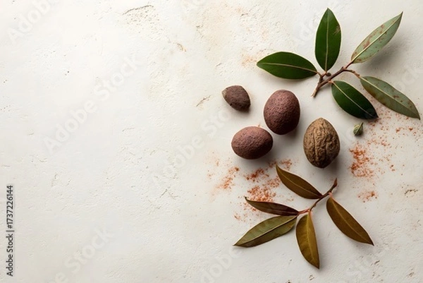 Fototapeta Nutmeg and bay leaves on a textured surface create a natural, aromatic, and culinary-inspired composition.