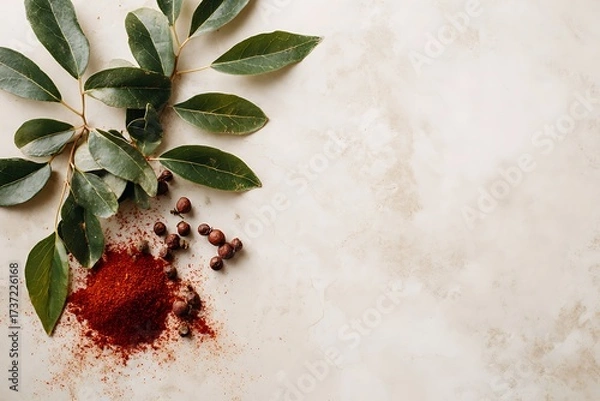 Fototapeta Elegant composition featuring a leafy branch, vibrant red powder, and scattered berries on a textured surface, creating a natural aesthetic.