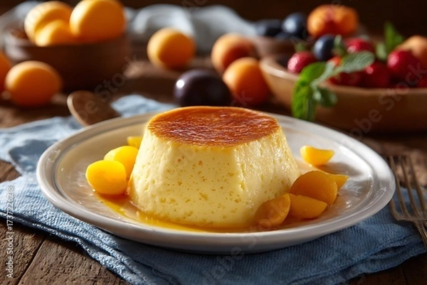 Fototapeta Delicious flan dessert with apricots and fruits on a wooden table, a delightful culinary composition.