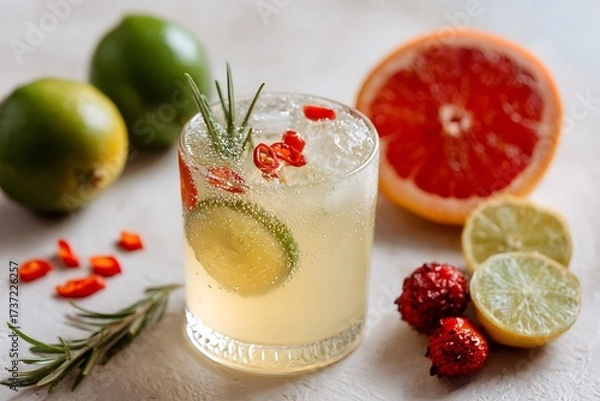 Fototapeta Refreshing citrus cocktail with lime, grapefruit, rosemary, and chili peppers, a vibrant and flavorful beverage.