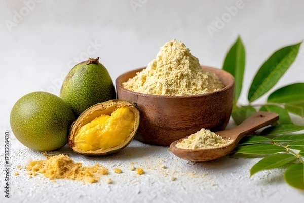 Fototapeta Exotic fruits and flour composition showcases the vibrant colors and textures of nature's bounty.