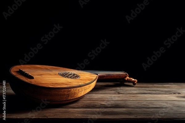 Fototapeta A captivating still life of a lute on a wooden surface against a dark background, creating a vintage atmosphere.