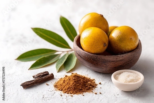 Fototapeta Aromatic still life showcasing vibrant yellow fruits, spices, and leaves in a rustic setting.