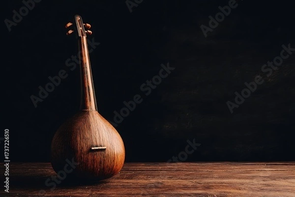 Fototapeta A vintage dombra musical instrument on a wooden table with a dark background creates a captivating still life.