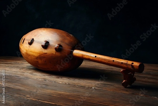 Fototapeta Dombyra, a Kazakh national musical instrument, resting on a rustic wooden surface against a dark background.