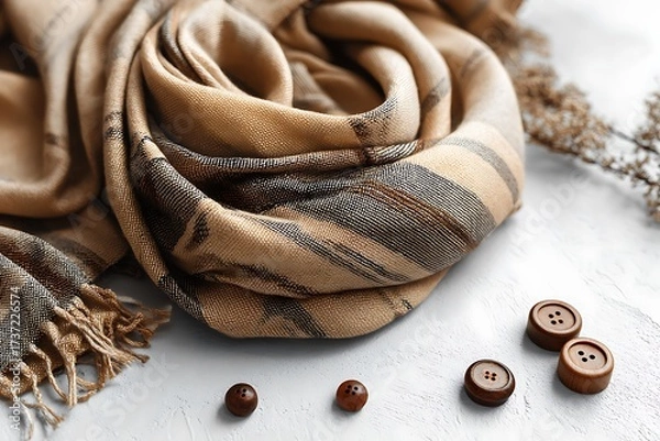 Fototapeta Elegant scarf with wooden buttons and dried flowers on a white surface creates a cozy, warm atmosphere.