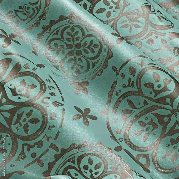 Fototapeta :
Luxurious turquoise fabric with ornate damask pattern featuring metallic bronze circular medallions and floral motifs in elegant baroque style