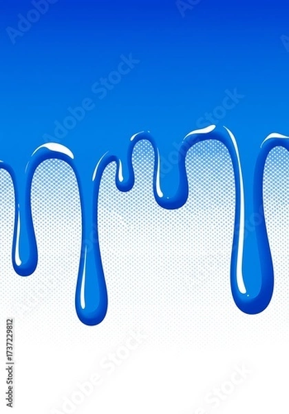 Fototapeta Vibrant blue liquid drips with a glossy finish against a white background and subtle halftone texture.