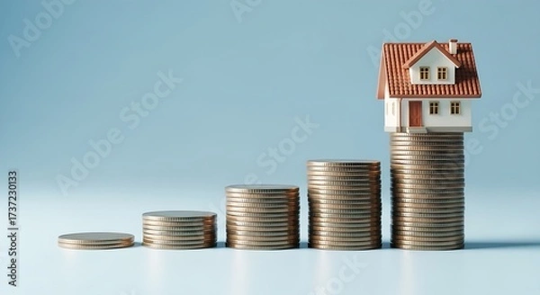 Fototapeta Conceptual representation of rising housing prices and property investment growth, illustrated by a model house atop ascending stacks of coins against a clean background