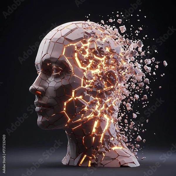 Fototapeta A stone bust of a human head shattering into pieces, with bright, fiery light glowing from the cracks against a dark background.