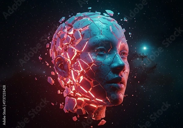 Fototapeta A colossal stone head shatters and glows from within while floating in the vastness of outer space.