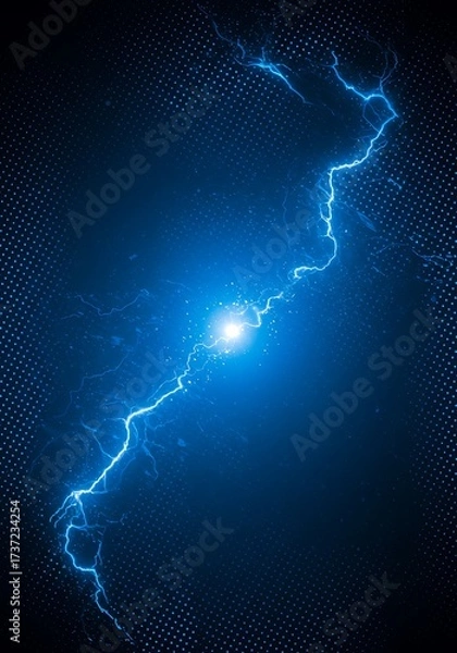 Fototapeta A bright blue lightning bolt crackles across a dark, textured background with a subtle dotted pattern.