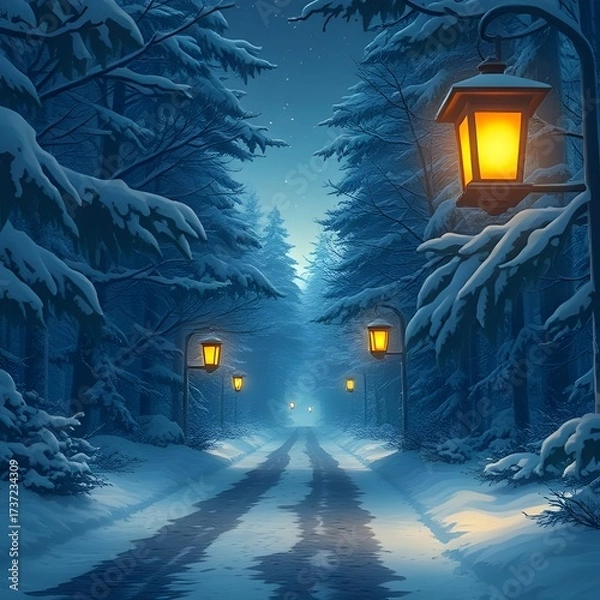 Obraz Anime-style glowing lantern road leading deep into a snowy forest.