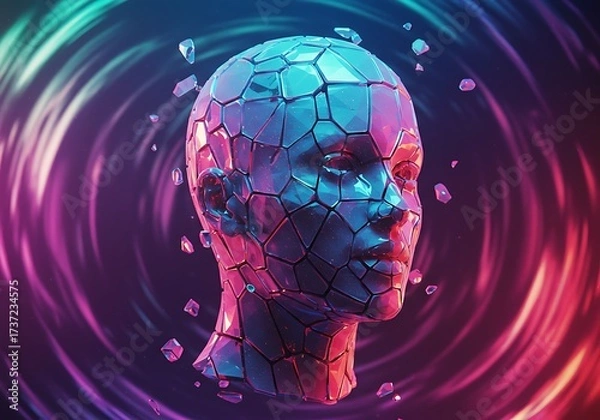 Fototapeta A surreal digital art piece depicting a fragmented human head with a vibrant, swirling vortex in the background.