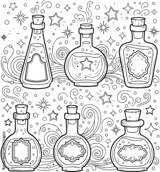 Fototapeta Magical potion bottle with blank label and sparkling effects illustration