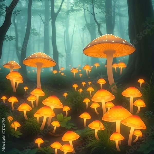 Obraz Anime-style glowing mushrooms covering the forest floor in an enchanted woodland.