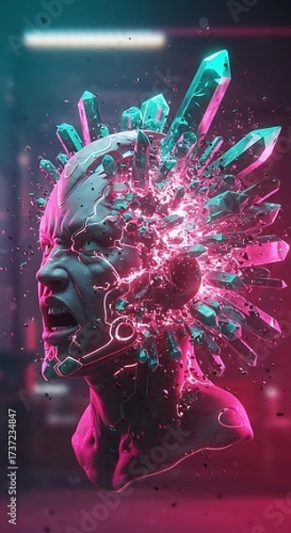 Fototapeta A screaming cybernetic head in profile shatters, erupting with glowing pink light and large turquoise crystals.
