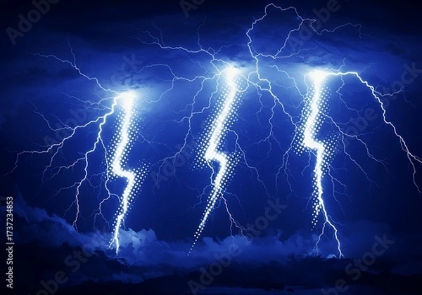 Fototapeta Three powerful lightning bolts with a graphic halftone effect striking from a dark blue stormy sky.