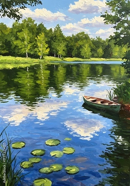 Fototapeta A serene lake scene with a boat resting near the shore, reflecting the sky and surrounding trees.