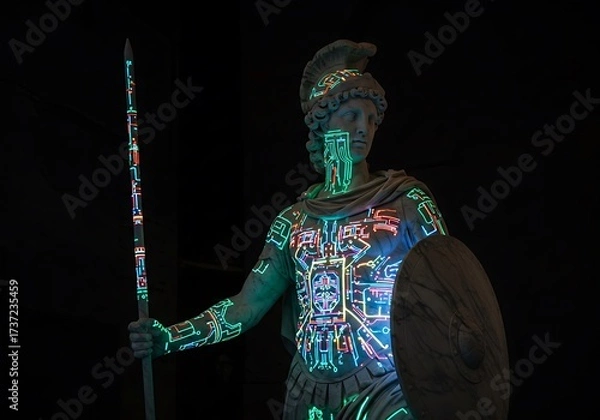 Fototapeta A statue of a warrior adorned with glowing circuit board patterns, holding a spear and shield.