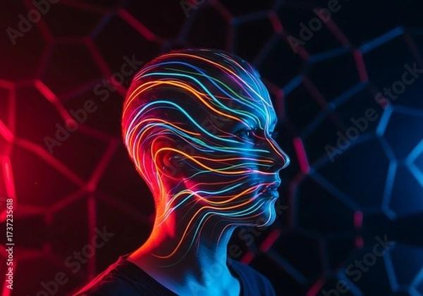 Fototapeta Abstract head with colorful light trails, symbolizing technology, artificial intelligence, or futuristic concepts.