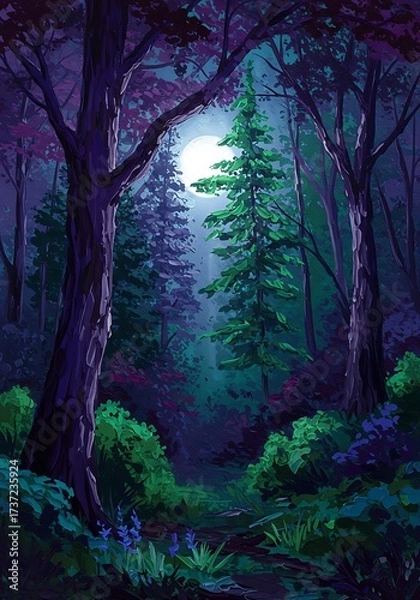Fototapeta A mystical forest at night, bathed in moonlight, with tall trees and vibrant foliage creating an enchanting scene.