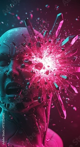 Fototapeta A person's head explodes with shards of crystal and bright pink light, a dramatic and surreal visual.