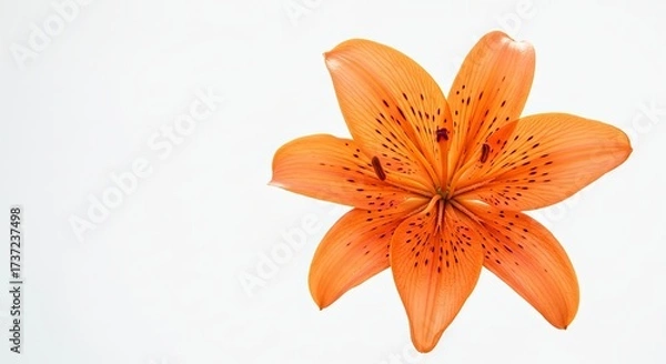 Fototapeta Beautiful single orange tiger lily flower blossom isolated on a plain white background top view.