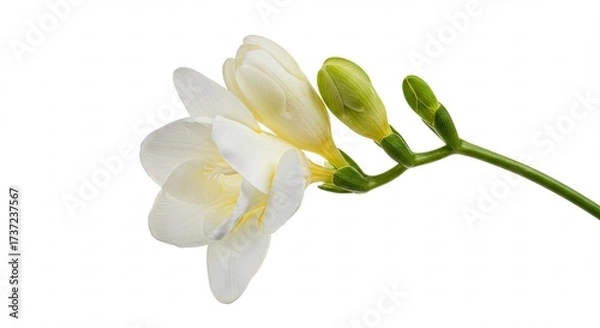 Fototapeta Beautiful white freesia flower with green buds isolated on a white background.