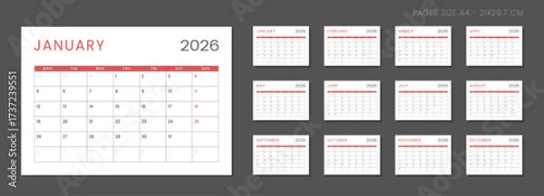 Fototapeta Set of 12 Pages Monthly Calendar Planner Templates on 2026 year. Vector mockup of a wall or desktop calendar organizer grid with the week starting on Sunday ready print. Page for size A4 -21x29.7 cm