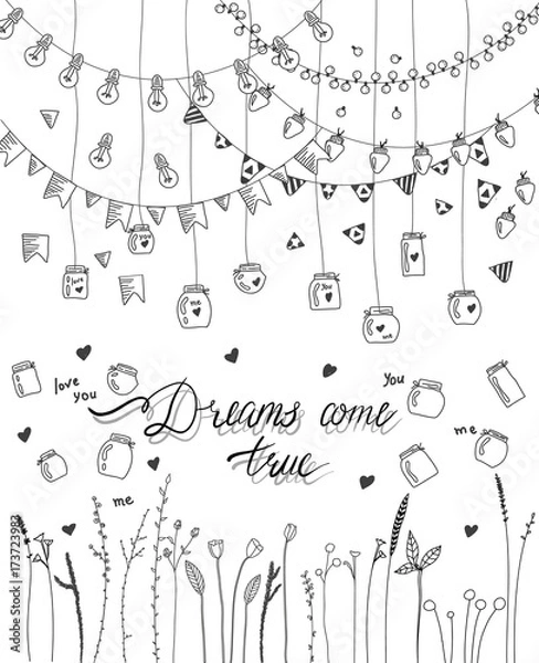 Fototapeta Set of hand drawn borders,garlands, jars, bottles with flowers.