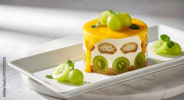Fototapeta Delicate mango and kiwi cake with fresh grapes and mint