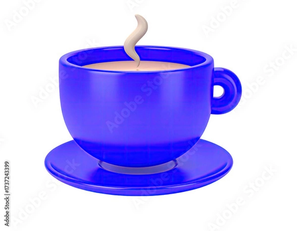 Fototapeta 3D rendering of a glossy blue coffee cup on a matching saucer with steam