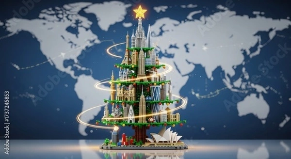 Fototapeta A christmas tree made of famous global landmarks, with a world map in the background