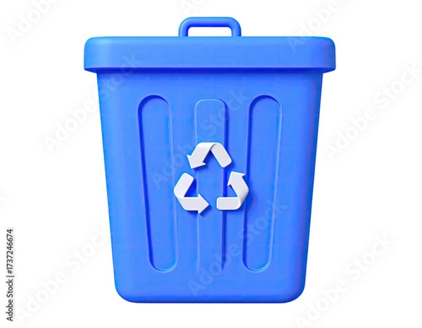 Fototapeta A 3D-rendered, blue trash can with a white recycling symbol on it