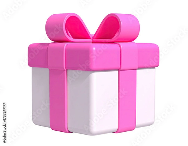 Fototapeta 3D rendered white gift box with a pink lid, bow, and ribbon against black
