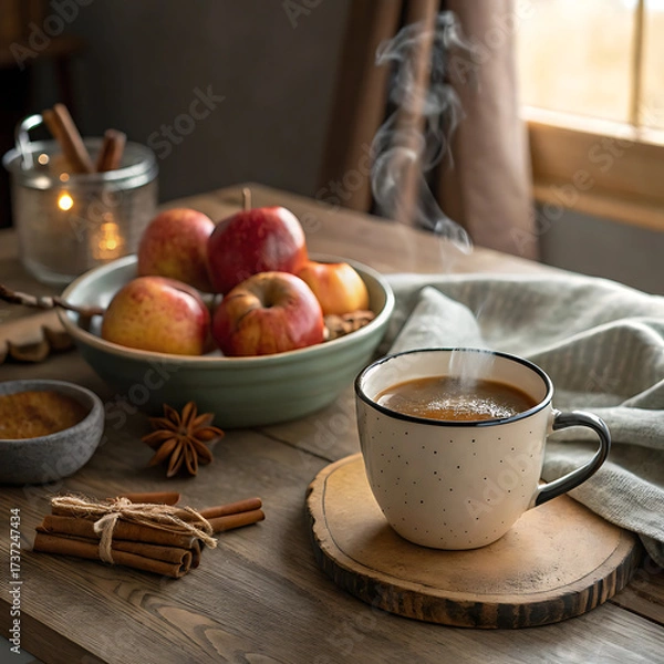Fototapeta A cozy, warm-toned scene of hot apple cider steaming next to a bowl of caramel apples and cinnamon sticks on a wooden table.