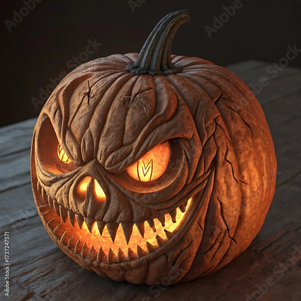 Fototapeta A detailed 3D render of a carved pumpkin with an intricate, terrifying grimace design, glowing from within.