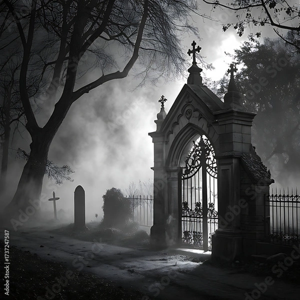 Fototapeta A gothic architectural sketch of a cemetery gate, enveloped in thick, swirling mist and dramatic backlighting.