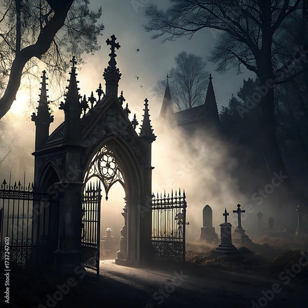 Fototapeta A gothic architectural sketch of a cemetery gate, enveloped in thick, swirling mist and dramatic backlighting.