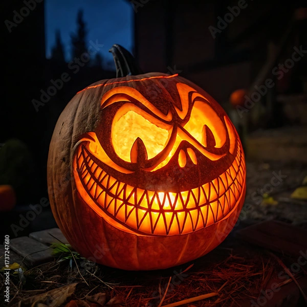 Fototapeta A macro photo of an intricate jack-o'-lantern carving with a terrifying grin, glowing brightly in the dark, extreme detail.