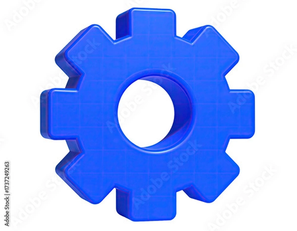 Fototapeta A vibrant 3D blue gear graphic on a transparent background, with grid lines