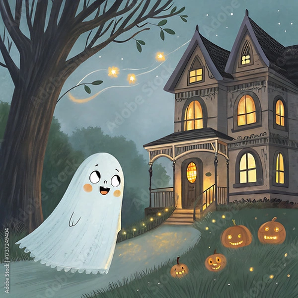 Fototapeta A watercolor painting depicting a friendly ghost floating near a Victorian-style house decorated with glowing jack-o'-lanterns.