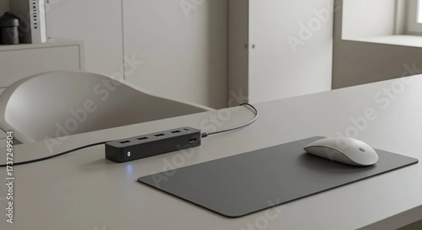 Fototapeta Minimalist Workspace: USB Hub, Mouse, and Pad on Desk
