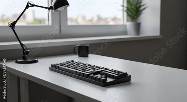 Fototapeta Minimalist Workspace with Mechanical Keyboard and Desk Lamp