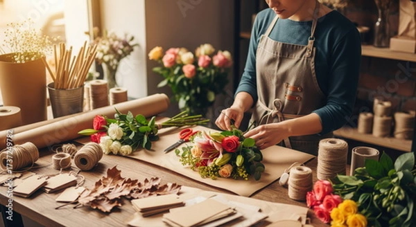 Fototapeta Floral Artisan at Work: A skilled florist meticulously crafts a beautiful arrangement, bringing to life the beauty of roses, tulips, and more in a charming workshop setting.