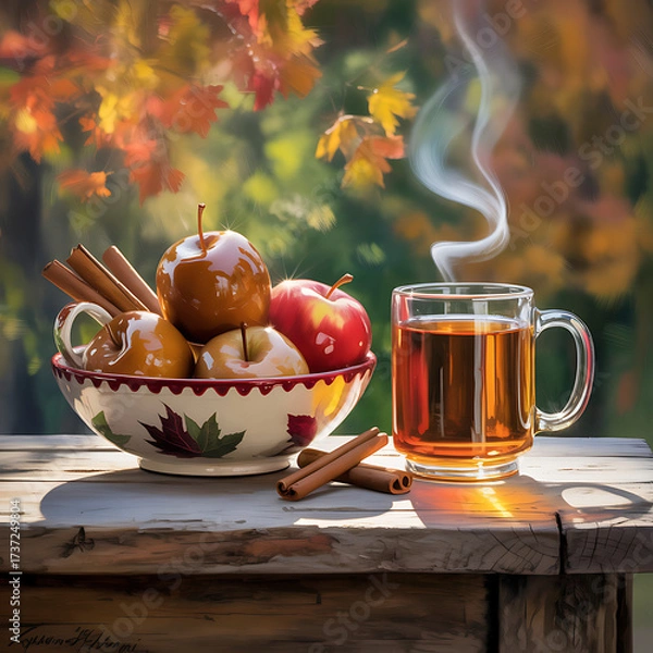 Fototapeta An oil painting depicting a cozy autumn scene:
hot apple cider steaming next to a bowl of caramel apples and cinnamon sticks on a rustic wooden table.