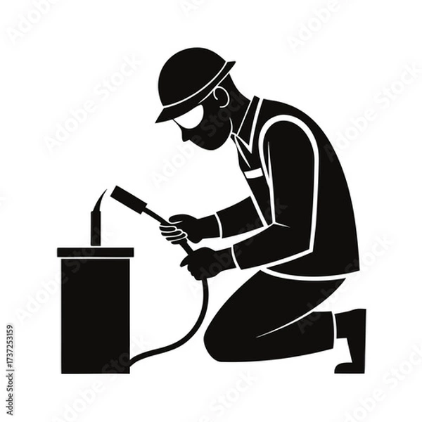 Fototapeta Welder working with torch in silhouette